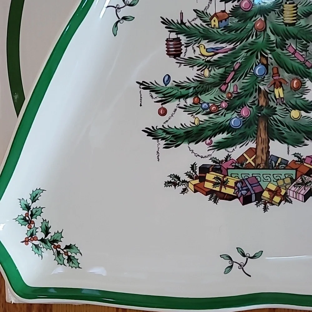 Vintage Fine Porcelain Spode Christmas Tree Large Triangle Tray Plate & Box